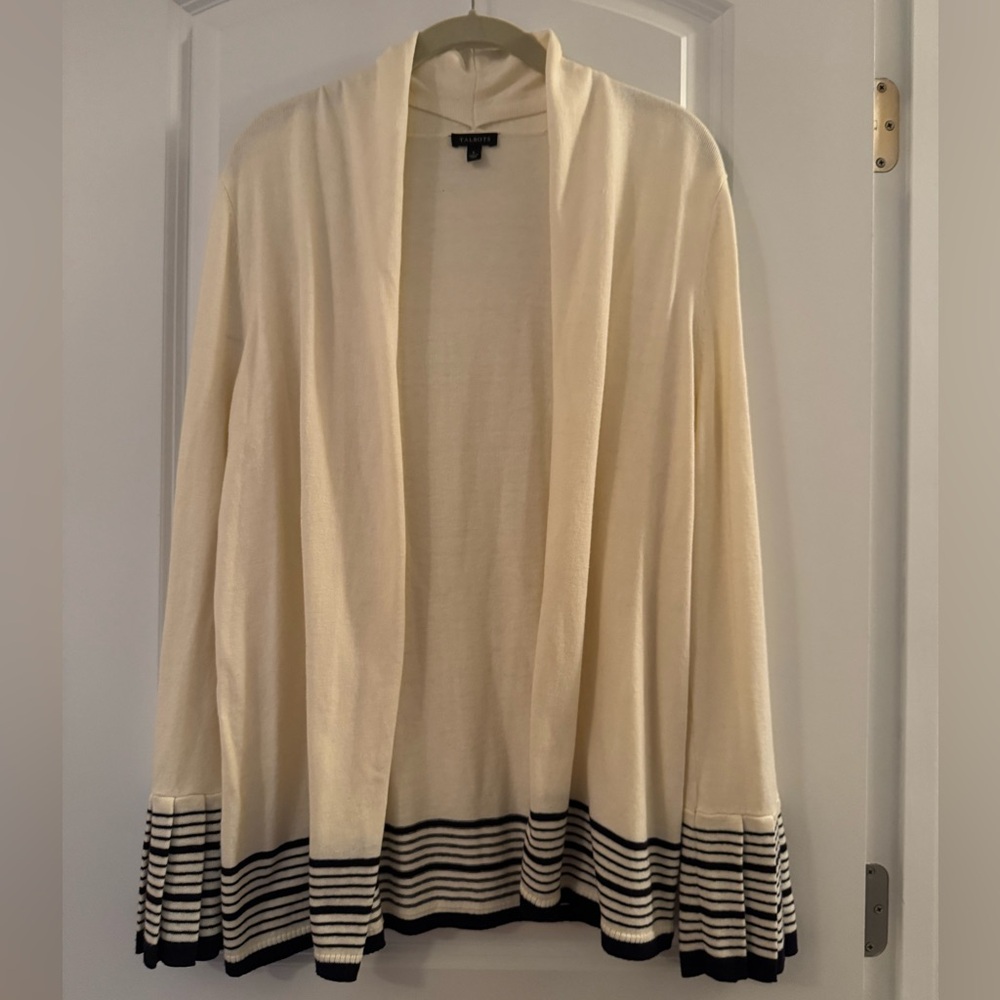 NWOT. Talbots Cream Cardigan with Blue Navy Striped Hem and accordion sleeves.